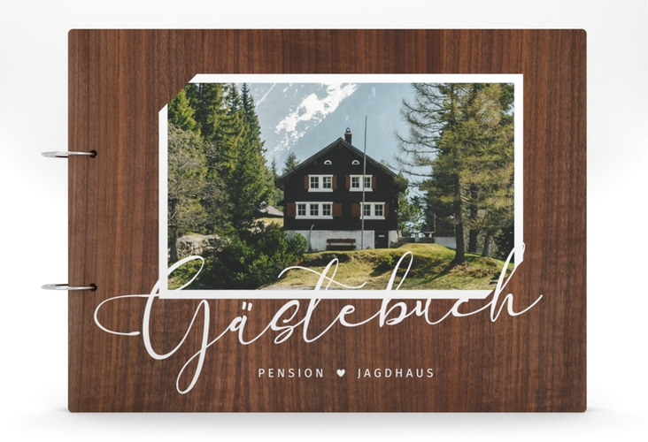 Gästebuch Holzcover Nussbaum Jagdhaus Holz-Cover, bedruckt braun in Holz-Optik mit Foto