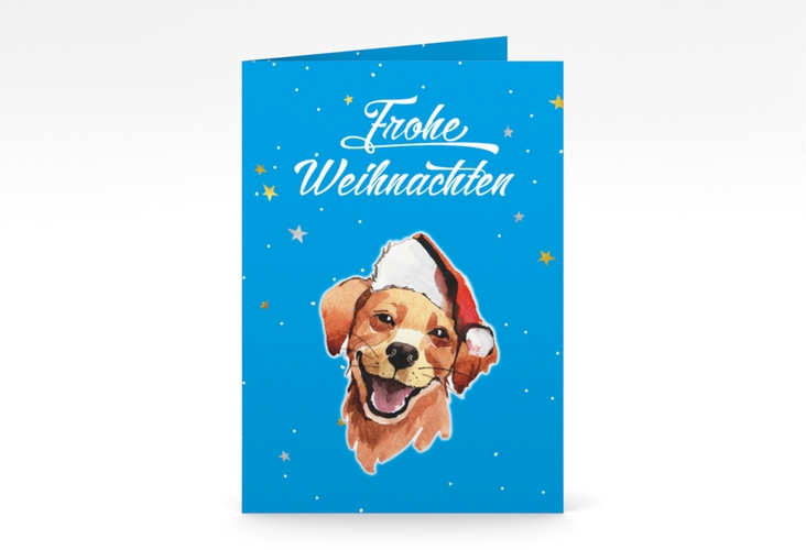 Weihnachtskarte Frosty A6 Klappkarte hoch mit Hund mit Nikolausmütze