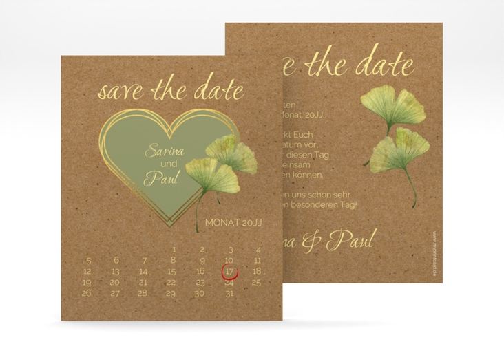 Save the Date-Kalenderblatt Ginko Kalenderblatt-Karte Kraftpapier hochglanz mit Herz und zwei Ginkgo-Blättern