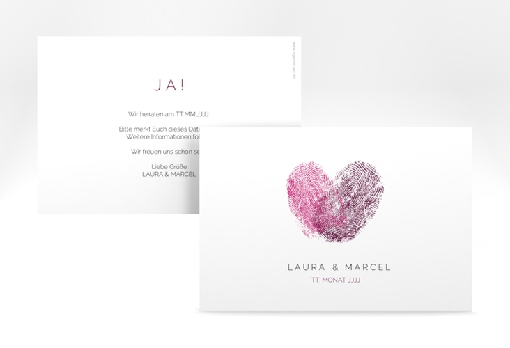 Save the Date-Karte Fingerprint A6 Karte quer pink schlicht mit Fingerabdruck-Motiv