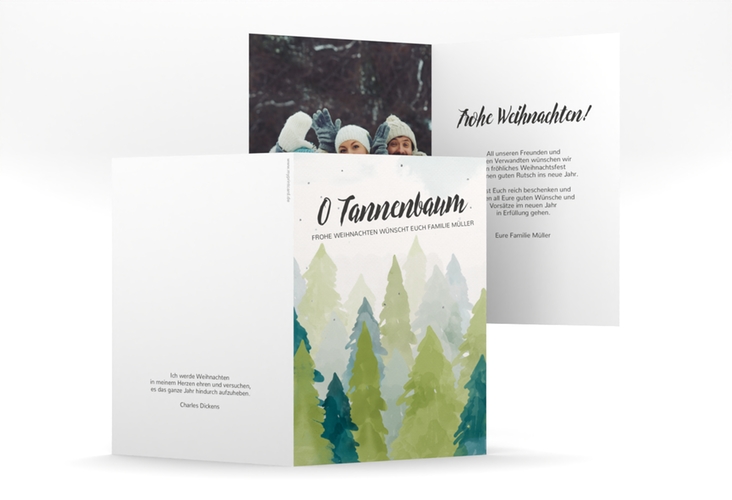 Weihnachtskarte Tannenwald A6 Klappkarte hoch gruen hochglanz mit Tannenbaum-Design in Grün