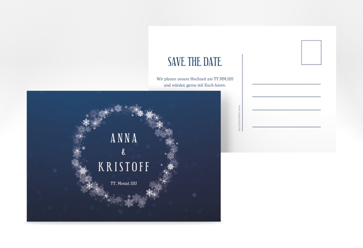 Save the Date-Postkarte Winterdream A6 Postkarte blau hochglanz mit Eisblumen