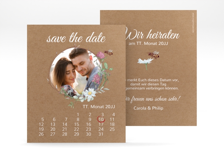 Save the Date-Kalenderblatt Honey Kalenderblatt-Karte Kraftpapier hochglanz mit Wiesenblumen und Biene