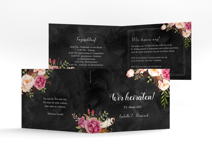 Hochzeitseinladung Flowers A6 Klappkarte quer schwarz mit bunten Aquarell-Blumen