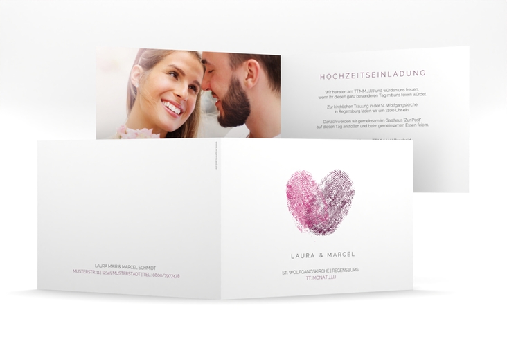 Hochzeitseinladung Fingerprint mittlere Klappkarte quer pink schlicht mit Fingerabdruck-Motiv