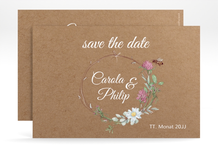 Save the Date-Karte Honey A6 Karte quer mit Wiesenblumen und Biene