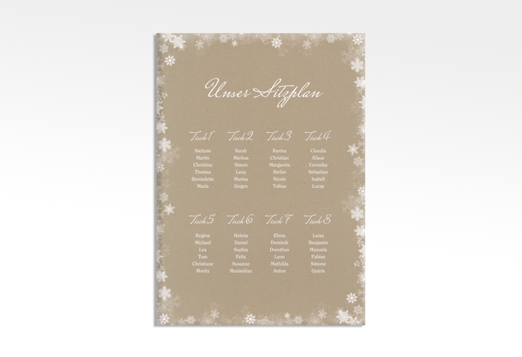 Sitzplan Leinwand Hochzeit Snowfall 50 x 70 cm Leinwand Kraftpapier mit Schneeflocken für Winterhochzeit