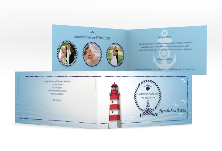 Danksagungskarte Hochzeit Sylt lange Klappkarte quer blau mit Leuchtturm