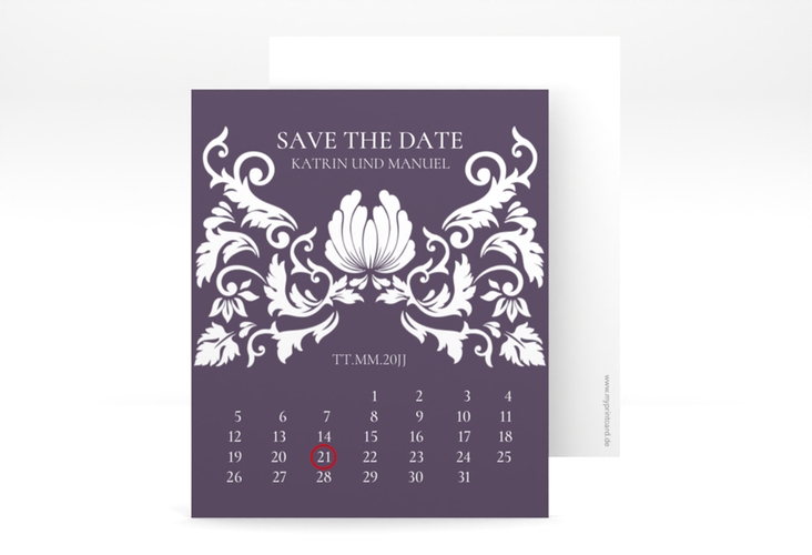 Save the Date-Kalenderblatt Royal Kalenderblatt-Karte lila hochglanz mit barockem Blumen-Ornament