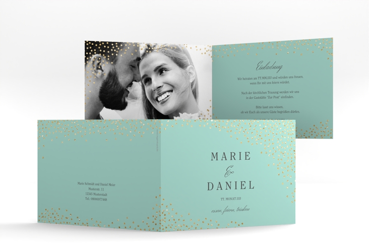 Hochzeitseinladung Glitter A6 Klappkarte quer mint