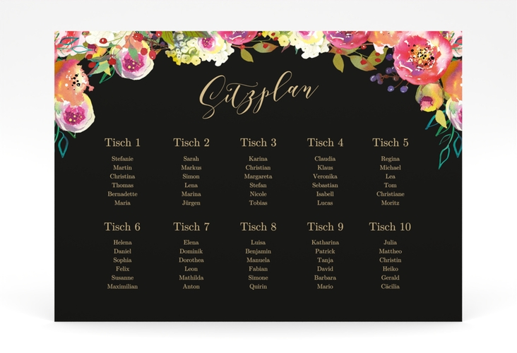 Sitzplan Poster Hochzeit Flowerbomb 70 x 50 cm Poster schwarz