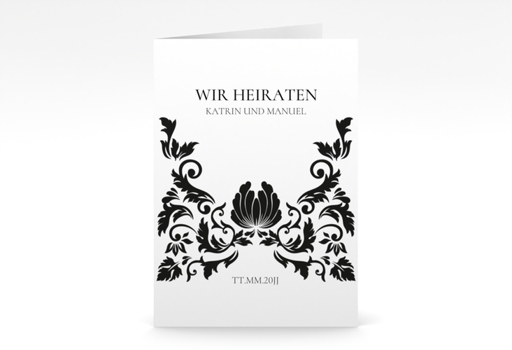 Einladungskarte Hochzeit Royal A6 Klappkarte hoch weiss hochglanz mit barockem Blumen-Ornament