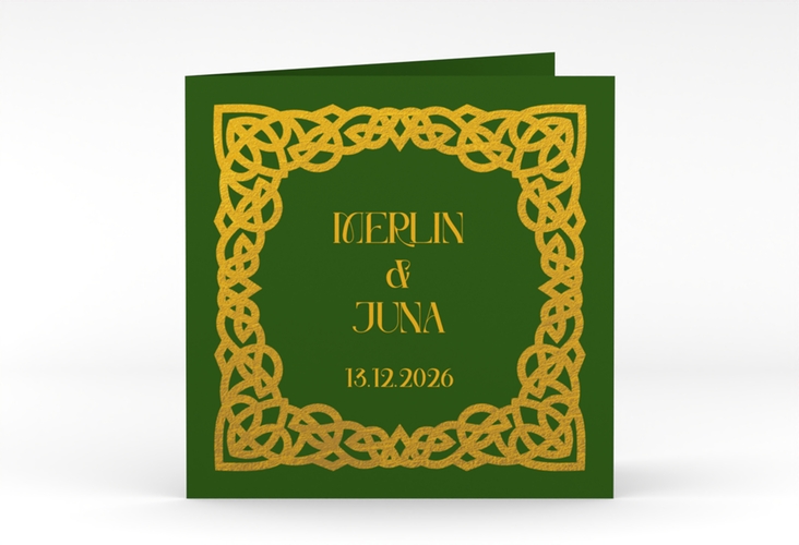 Hochzeitseinladung Celtic quadr. Klappkarte gruen hochglanz mit keltischem Knoten in irischen Farben