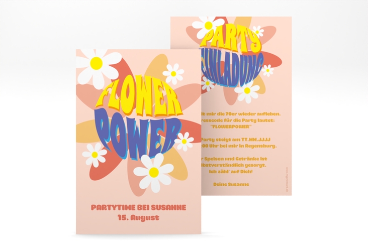 Party Einladung Flowerpower A6 Karte hoch mit Margeriten im Retro-Stil der 70er