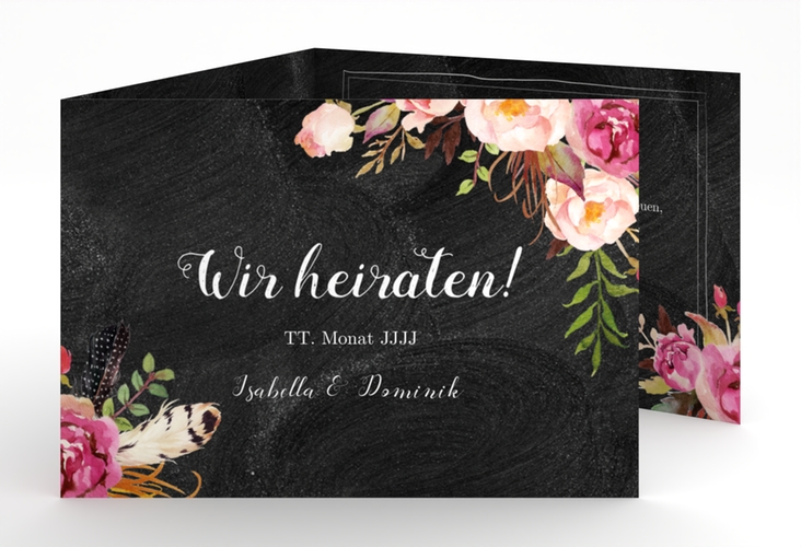 Hochzeitseinladung Flowers A6 Doppel-Klappkarte schwarz mit bunten Aquarell-Blumen