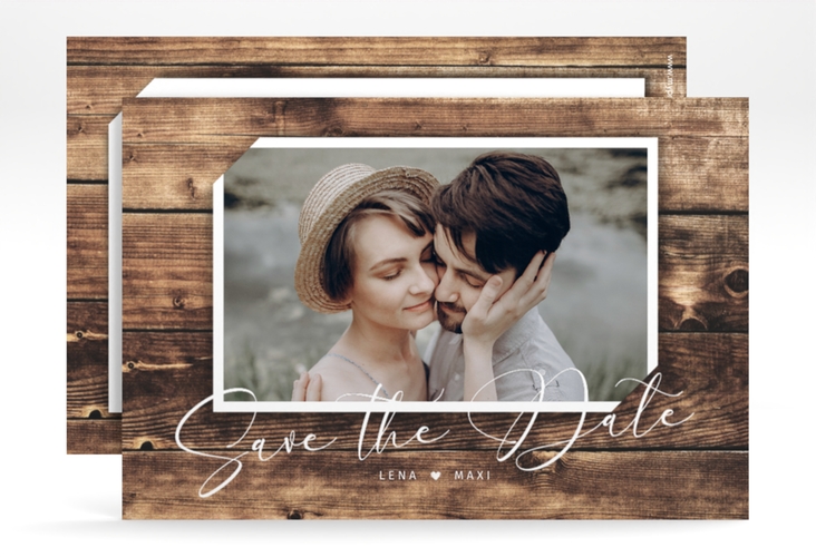 Save the Date-Karte Rustic A6 Karte quer braun in Holz-Optik mit Foto