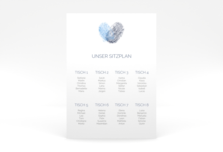 Sitzplan Poster Hochzeit Fingerprint 50 x 70 cm Poster blau schlicht mit Fingerabdruck-Motiv