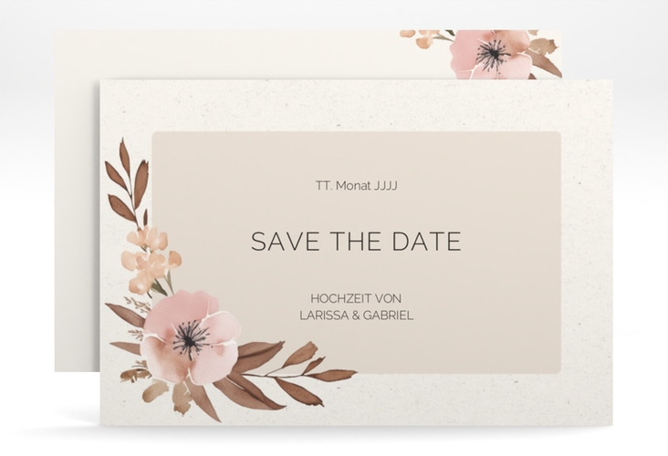 Save the Date-Karte Modest A6 Karte quer beige mit elegantem Blumen-Aquarell