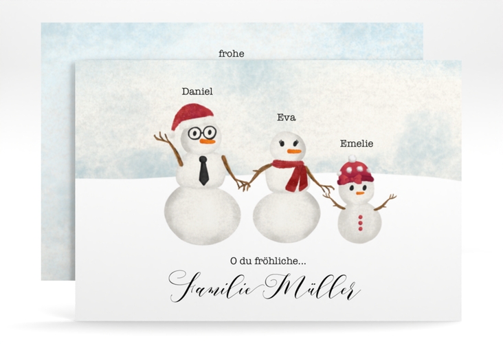 Weihnachtskarte Snowman Family A6 Karte quer rot für Weihnachtsgrüße mit Familienfoto