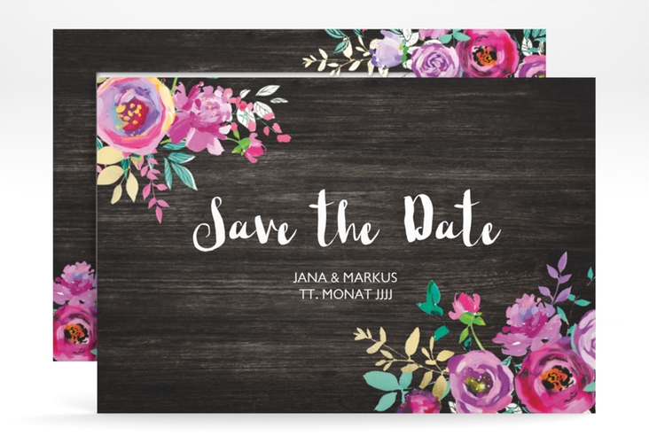 Save the Date-Karte Flourish A6 Karte quer schwarz mit floraler Bauernmalerei auf Holz