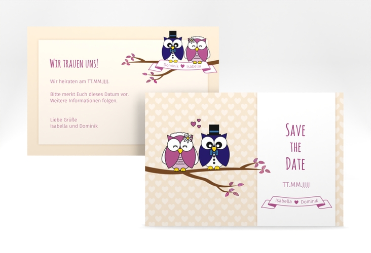 Save the Date-Karte Hochzeit Eulenliebe A6 Karte quer beige