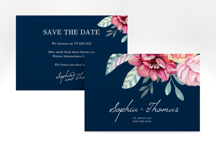 Save the Date-Karte Blooming A6 Karte quer blau