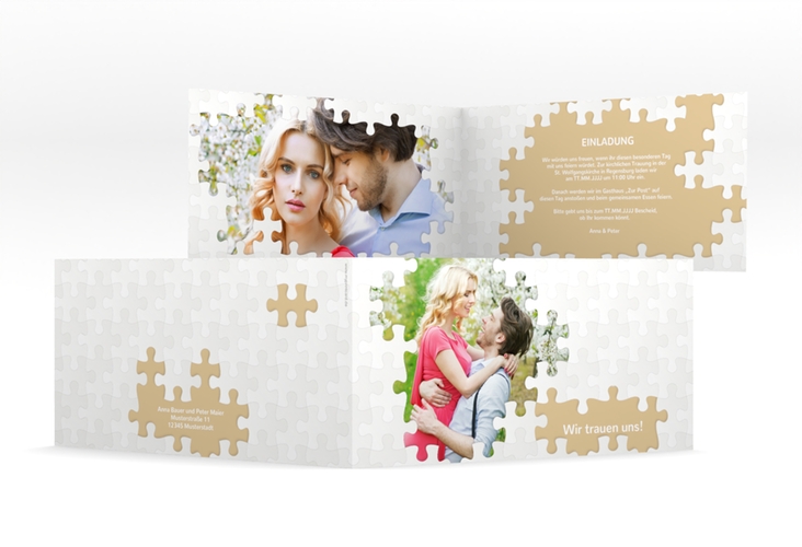 Hochzeitseinladung Puzzle lange Klappkarte quer beige