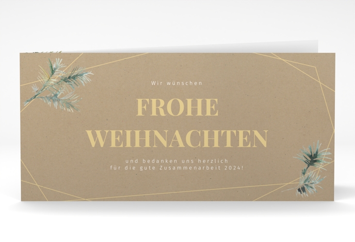 Geschäftliche Weihnachtskarte Edeltanne lange Klappkarte quer Kraftpapier mit Tannenzweigen und edlem Goldrahmen