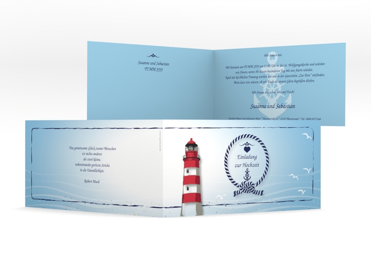 Hochzeitseinladung Sylt lange Klappkarte quer blau mit Leuchtturm