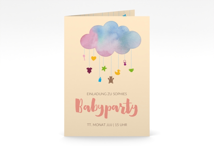 Partyeinladung Babyparty A6 Klappkarte hoch hochglanz mit Wolken-Mobile