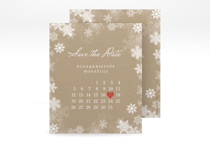 Save the Date-Kalenderblatt Snowfall Kalenderblatt-Karte mit Schneeflocken für Winterhochzeit