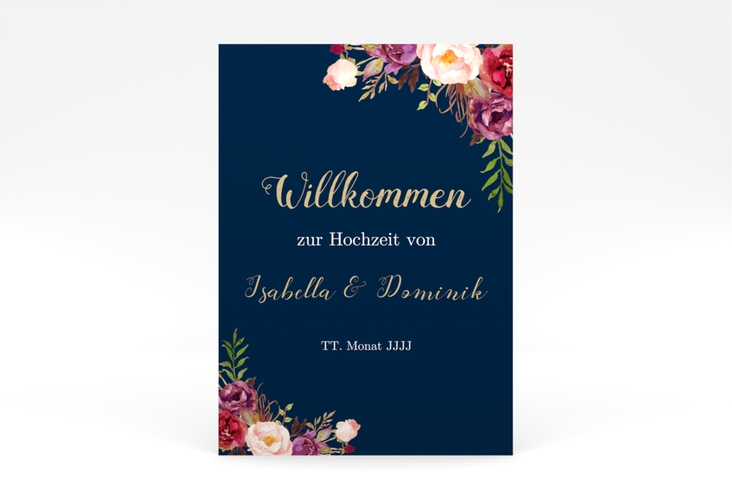 Willkommensschild Poster Flowers 50 x 70 cm Poster blau mit bunten Aquarell-Blumen