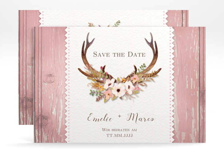 Save the Date-Karte Hochzeit Heimatjuwel A6 Karte quer mit Hirschgeweih und Holz-Hintergrund