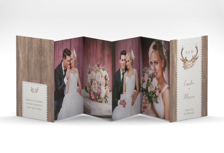 Foto-Leporello Hochzeit Heimatjuwel Leporello braun mit Hirschgeweih und Holz-Hintergrund