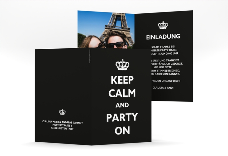 Partyeinladung Statement A6 Klappkarte hoch schwarz mit Keep-Calm-Spruch