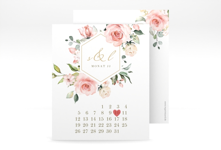 Save the Date-Kalenderblatt Graceful Kalenderblatt-Karte weiss mit Rosenblüten in Rosa und Weiß