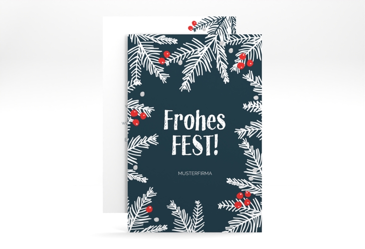 Business-Weihnachtskarte Abendstunde A6 Karte hoch blau mit Tannenzweigen im Chalkboard-Look