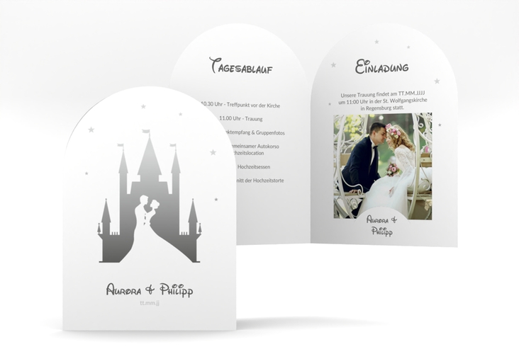 Einladungskarte Hochzeit Castle A6 Bogen-Klappkarte + Foto grau