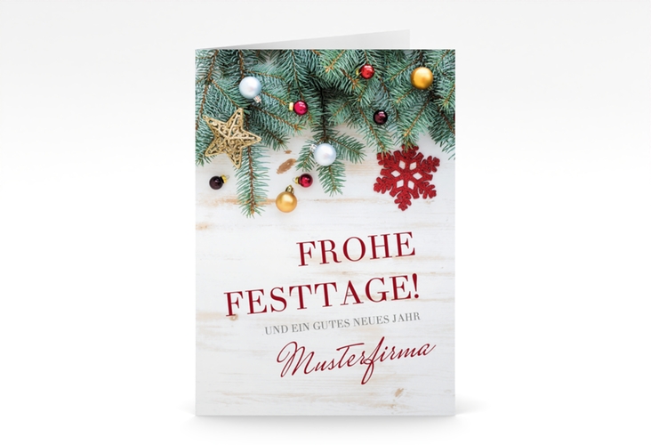 Geschäftliche Weihnachtskarte Baumschmuck A6 Klappkarte hoch weiss für Firmen