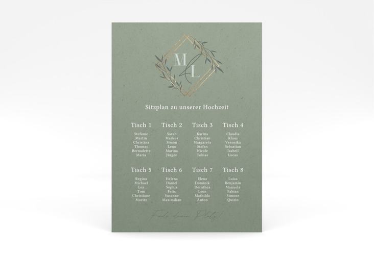 Sitzplan Poster Hochzeit Greenletter 50 x 70 cm Poster mit Initialen in elegantem Goldrahmen mit Blättern