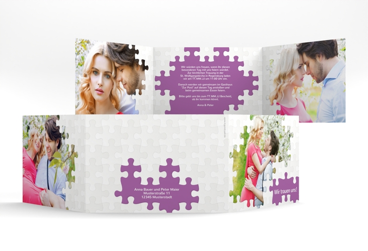 Hochzeitseinladung Puzzle A6 Doppel-Klappkarte lila