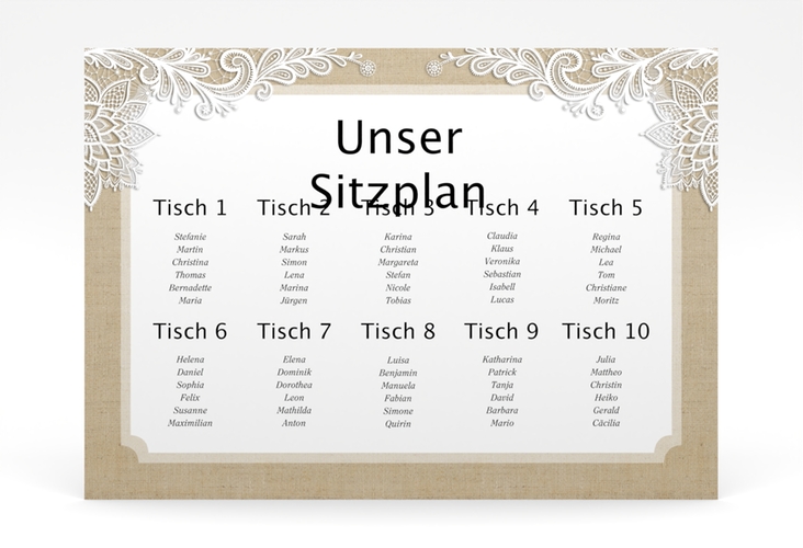 Sitzplan Poster Hochzeit Lace 70 x 50 cm Poster in Leinen-Optik mit weißer Spitze