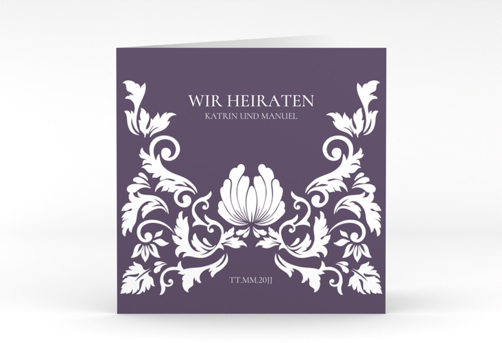 Hochzeitseinladung Royal quadr. Klappkarte lila hochglanz mit barockem Blumen-Ornament