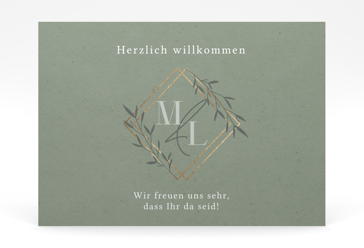 Willkommensschild Poster Greenletter 70 x 50 cm Poster mit Initialen in elegantem Goldrahmen mit Blättern