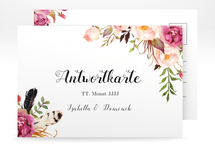 Antwortkarte Hochzeit Flowers A6 Postkarte weiss mit bunten Aquarell-Blumen