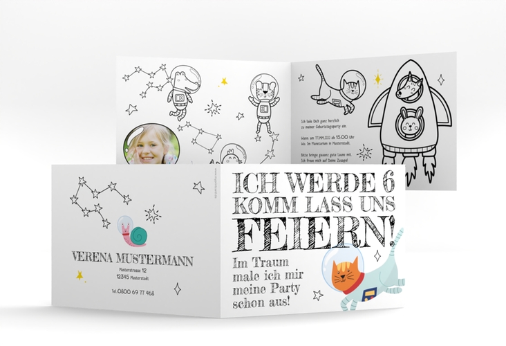 Einladungskarte Kindergeburtstag Welttraum A6 Klappkarte quer mit Weltraum-Katze