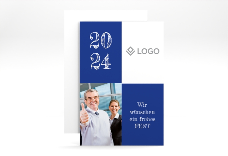 Business-Weihnachtskarte Partner A6 Karte hoch blau modern mit Firmenlogo