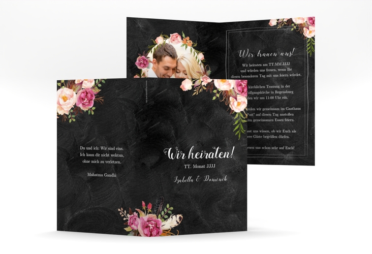 Einladungskarte Hochzeit Flowers A6 Klappkarte hoch mit bunten Aquarell-Blumen
