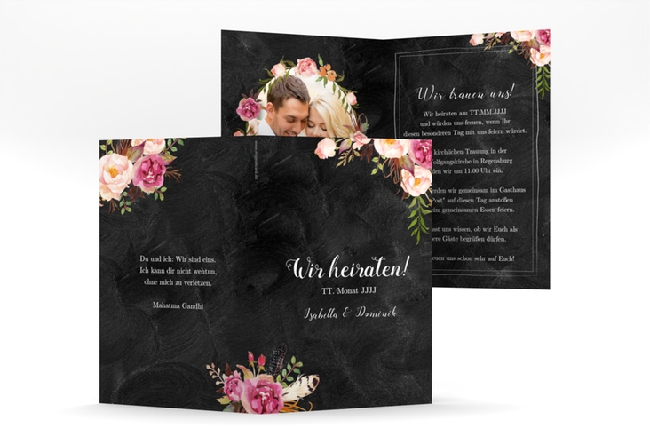 Einladungskarte Hochzeit Flowers A6 Klappkarte hoch schwarz mit bunten Aquarell-Blumen