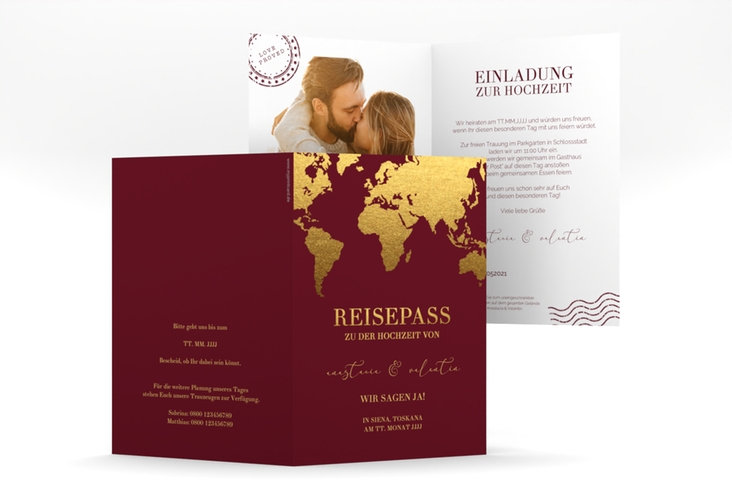 Einladungskarte Hochzeit Traumziel A6 Klappkarte hoch rot hochglanz im Reisepass-Design